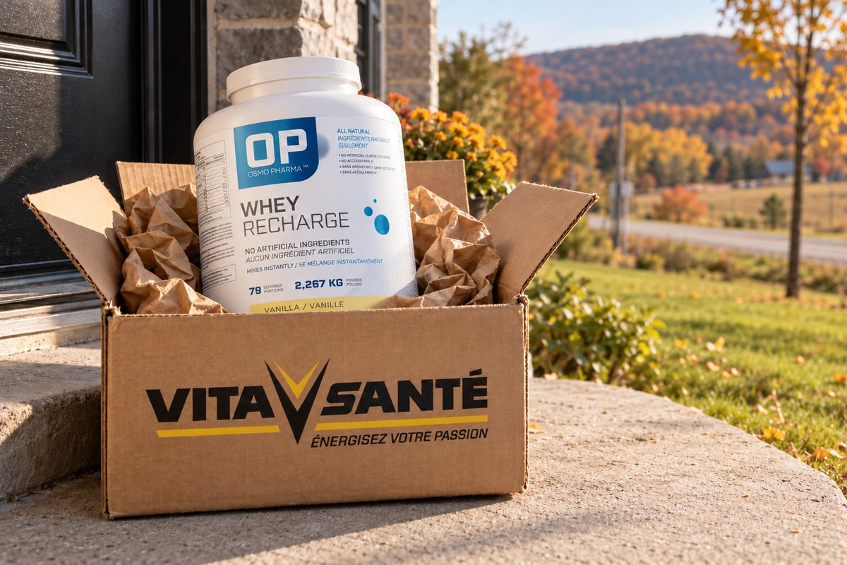 Boîte Vita Santé ouverte avec un pot de Whey Recharge, livrée près de Saint-Félix-de-Valois