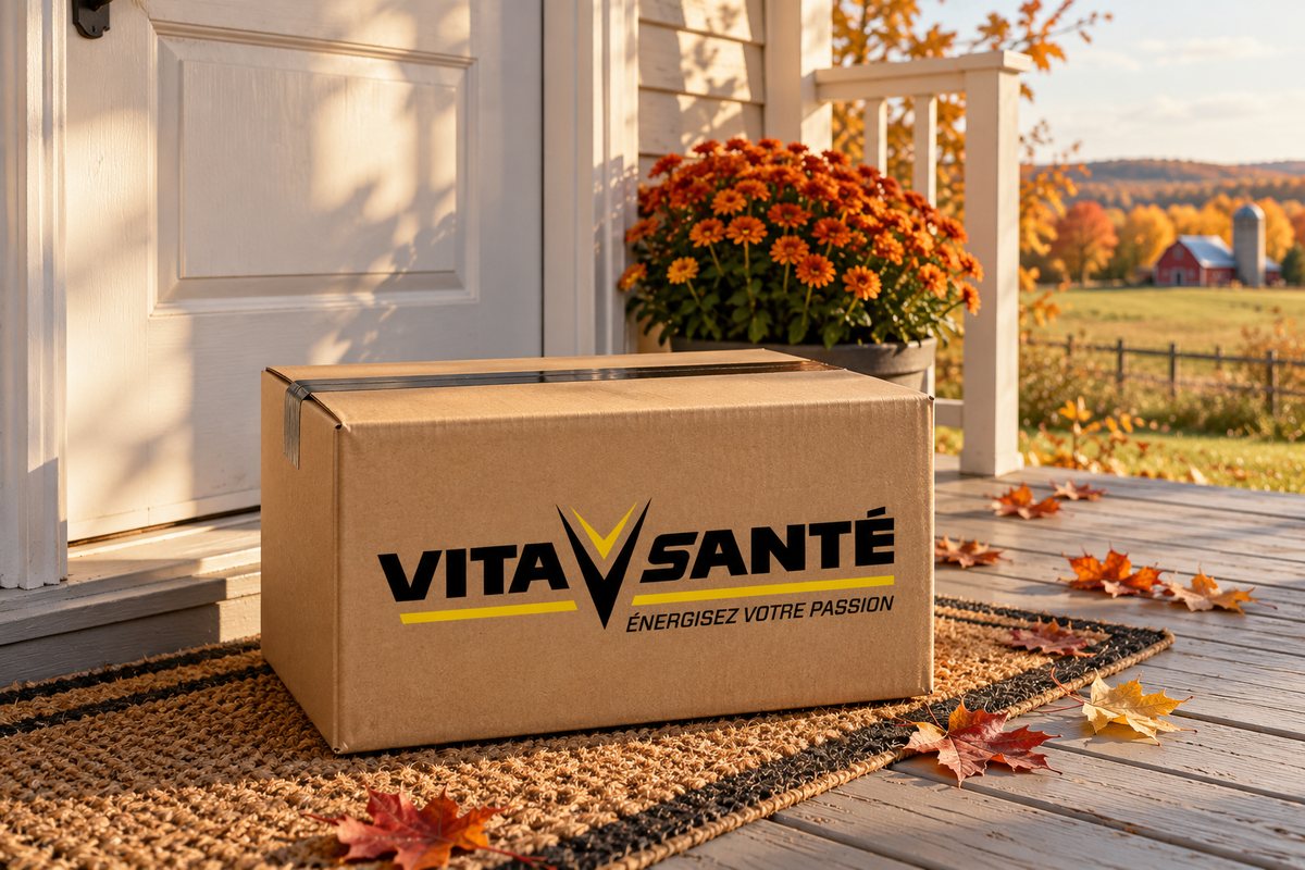 Boîte Vita Santé livrée au pied de la porte, à la campagne près de Berthierville